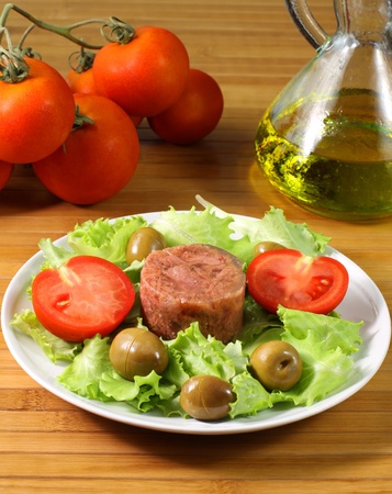 Meat salad on tableの写真素材