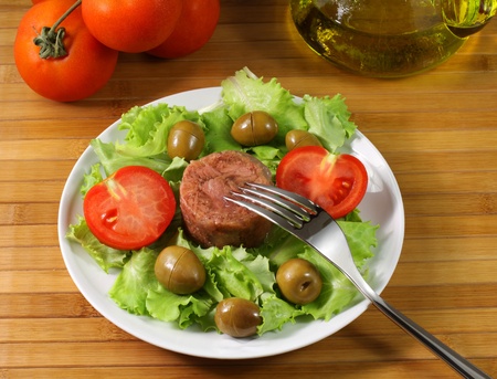 Meat salad on tableの写真素材