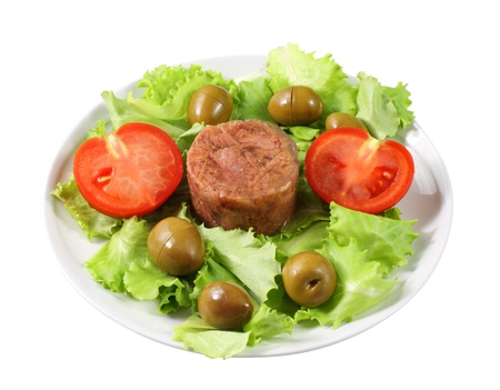 Meat salad on table on white backgroundの写真素材