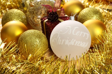 Christmas decorations: Golden balls and tapesの写真素材