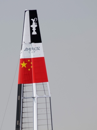 Venice, ITALY - May 10, 2012: China Team catamaran in the box area waiting for a new test in the Venice lagoon during the ACWSのeditorial素材