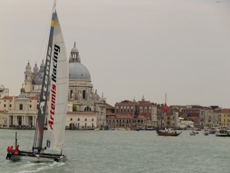 Venice, ITALY - May 20, 2012 - Artemis Team catamaran in the S.Marco sailing area during the final fleet race (ACWS)のeditorial素材
