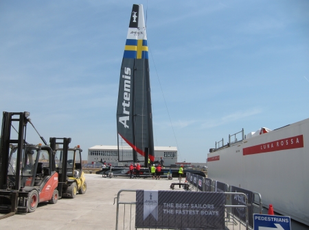 Venice, ITALY - May 11, 2012 - Artemis Team AC45 catamaran in the team bases area is going to be moved in the sea for tests during the ACWSのeditorial素材