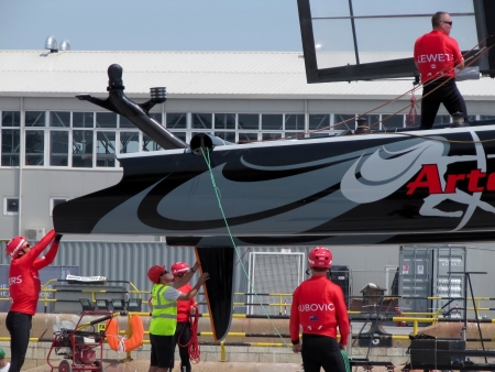 Venice, ITALY - May 11, 2012 - Artemis Team AC45 catamaran in the team bases area is going to be...