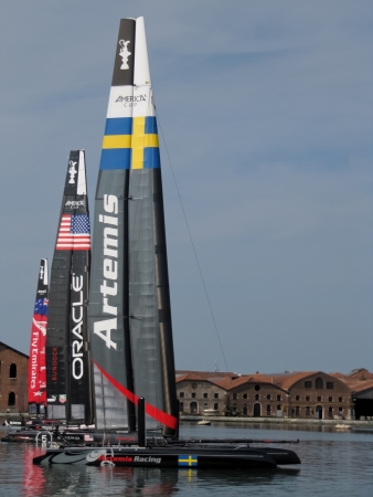 Venice, ITALY - May 15, 2012 -  Four catamarans AC45 in the team bases area waiting for a new test in the Venice lagoon during the ACWSのeditorial素材