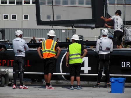 Venice, ITALY - May 18, 2012 - Oracle AC45 catamaran in the team bases area is going to be moved in...