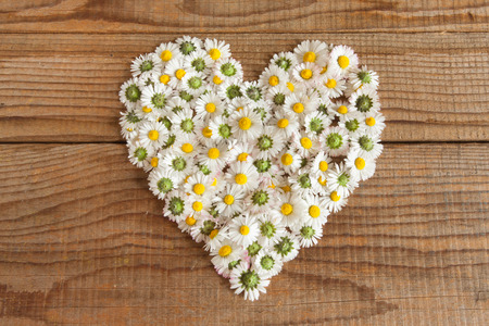 Heart made of daisies flowers in wooden backgroundの写真素材