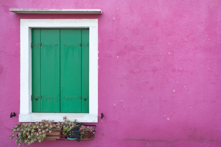 View of a closed balcony from Burano island, Veniceの写真素材