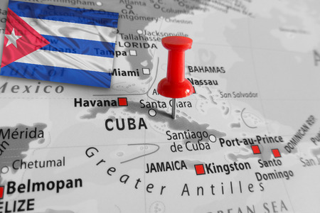 Red marker over Cuba islandの写真素材