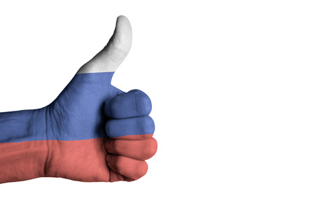 Russian flag on human male handの写真素材