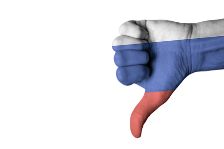 Russian flag on human male handの写真素材