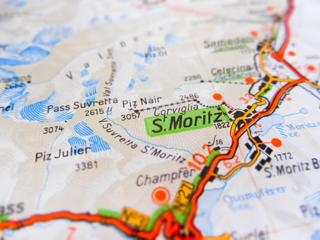 St. Moritz city over a road map (SWISS)