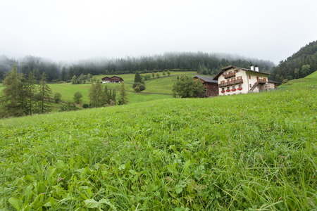 ST. MAGDALENA, ITALY - SEPTEMBER 14, 2015: Traditional houses in a cloudy mornig surrounded by green pasture next to the little town of St. Magdalena in Val di Funes, no people aroundのeditorial素材