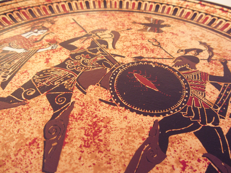 VENICE, ITALY - JULY 02, 2017: Detail from an old historical greek paint over a dish. Mythical heroes and gods fighting on itのeditorial素材