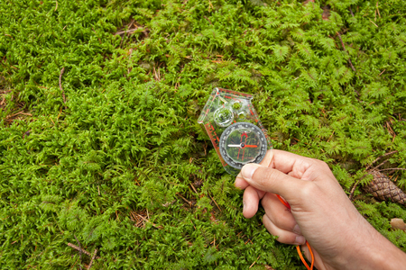 finding the right position in the forest with a kompassの写真素材
