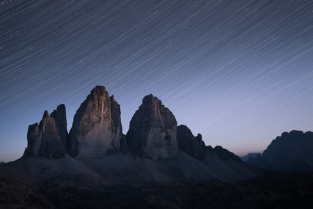 starstrail over Tre Cime di Lavaredo in Dolomitesの写真素材