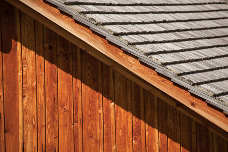 external wooden wall from a new Italian mountain house in Sout tirolの写真素材