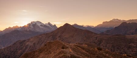 Sunset over the Passo Giau area in the Italian Dolomitesの写真素材