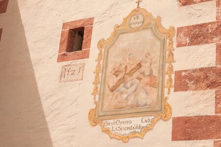 VAL GARDENA, ITALY - JULY 21, 2017: An original Fresco dated 1525 A.D. from the St. Cristina little...