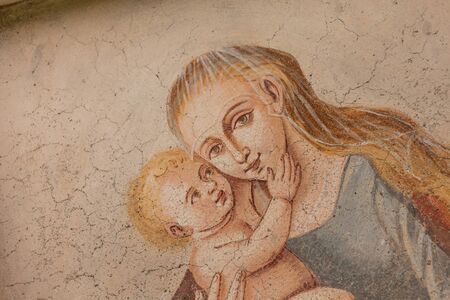 VAL GARDENA, ITALY - JULY 26, 2017: A detail of the Nativity painted on the external wall of Castel Gardena , the main castle of the valley, located on the little town of Santa Cristina and recently restored in the 20sのeditorial素材