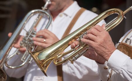 Musician in typical costume during an autumn local celebration in Val Isarco ( South Tyrol )の写真素材