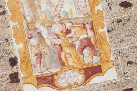VAL DI FUNES, ITALY - SEPTEMBER 18, 2017: Fresco from the St.Magdalena little church in Val di Funes...