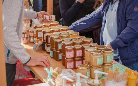 NAZ-SCIAVES, ITALY - OCTOBER 13, 2019: typical food market stall during an autumn local celebration in Val Isarco (South Tyrol)のeditorial素材