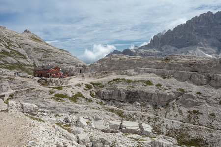 CRODA FISCALINA, ITALY - AUGUST 10, 2019: The refuge Pian de Cengia is the main building in the Croda Fiscalina mountain area in Dolomites, where every year thousands of people stop for a rest.のeditorial素材