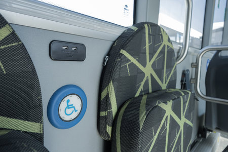 An internal bus stop request button for people in wheelchairsの写真素材