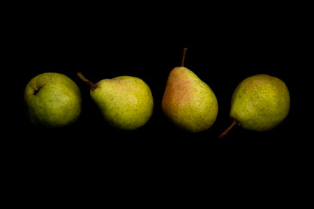 Ripe pears in a row isolated on dark background. Still-life picture taken in studio with light-box.の写真素材