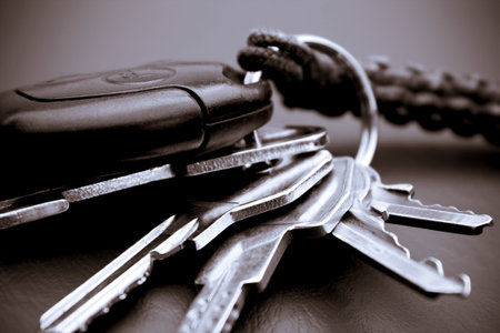 Bunch of keys - Close-up picture of some house and car keys on the tableの写真素材