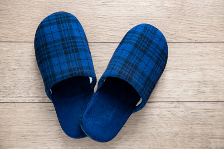 Blue slippers on parquet floor. Picture taken at home representing a pair of tartan fabric slippers abandoned on the floor.の写真素材