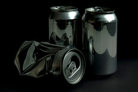 Three aluminum cans for beverage. Low-key picture of some metallic containers taken in studio with dark background.の写真素材