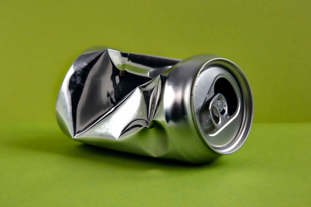 Aluminum crushed can for beverage. Still-life picture of a single metallic container isolated on green background.の写真素材