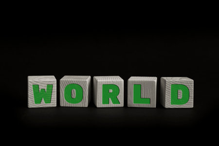 Word WORLD written with wooden cubes. Studio shot of some arranged wooden blocks with a textual message.の写真素材