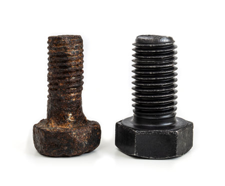 New bolt and rusty bolt. Still-life picture of a mechanical component taken on studio with white background and softbox.の写真素材