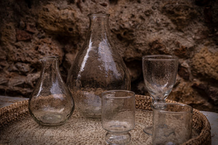 Old glass containers. Collection of retro bottle, amphorae and glasses placed on a wicker tray.の写真素材
