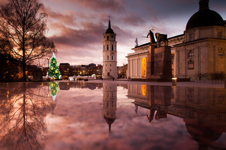 Christmas tree in Cathedral square in Vilnius on December 07, 2015 in Vilnius, Lithuaniaの写真素材