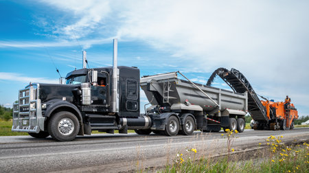 Black semi trailer with an orange planer working on a road construction site, with small flowers in...