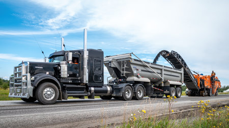 Macamic, Quebec, Canada, 2023-08-21: Black semi trailer with an orange planer working on a road construction site, with small flowers in the foregroundのeditorial素材