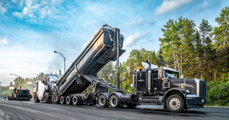Semi-trailer truck unloading asphalt into a material transfer vehicle during paving of the Trans-Canada Highway, late in the dayの写真素材