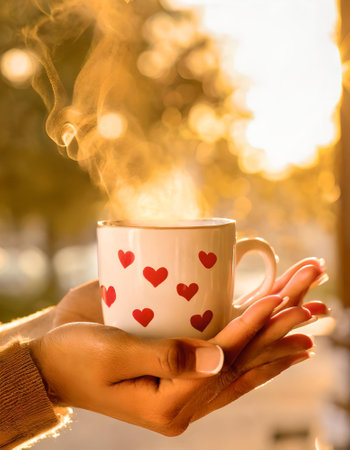 Female hands holding a cup of coffee with hearts on, background of the autumn forestの素材