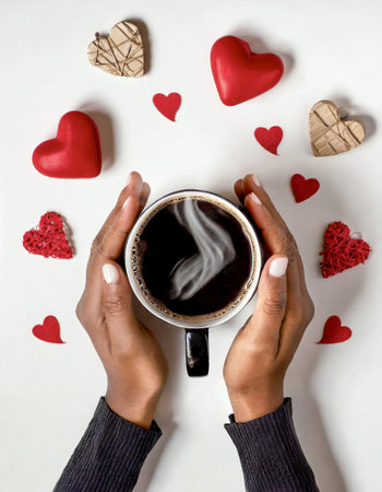 Female hands holding a cup of coffee and red hearts on white backgroundの素材