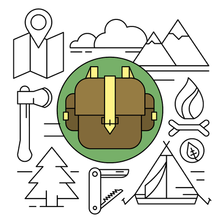 Linear Style Camping and Hiking Iconsのイラスト素材