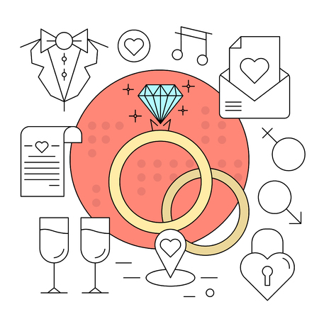Linear Style Vector Elements. Minimal Wedding Icons Set. Colorful Designのイラスト素材