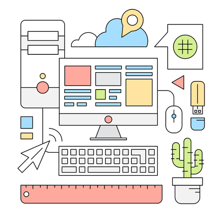 Linear Style Icons. Minimal Office Elements. Colorful Backgroundsのイラスト素材