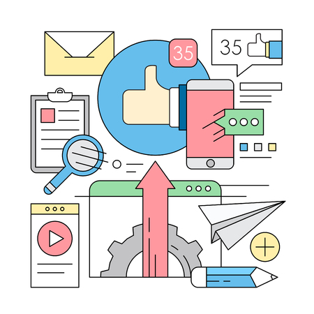 Linear Style Icons. Minimal Web and Business Elements. Colorful Backgrounds. Social Mediaのイラスト素材