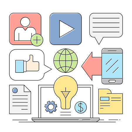 Linear Style Icons. Minimal Web and Business Elements. Colorful Backgroundsのイラスト素材