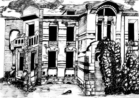 Fairy-tale house illustration black and whiteのイラスト素材