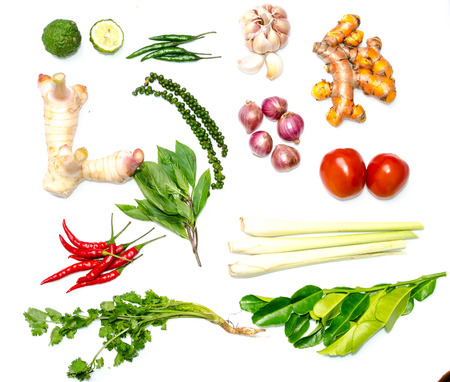 Creative vegetarian cooking at home concept with fresh healthy vegetables and good herbs on white backgroundの写真素材